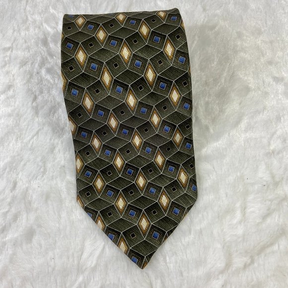 Jos.A.Bank Designer Geometric Tie Green Blue Diamonds Scales - Picture 1 of 4